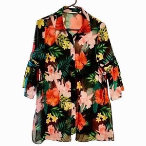 SOFT SURROUNDINGS Sheer Floral Button Up Peplum Kimono Cover-up Top SP